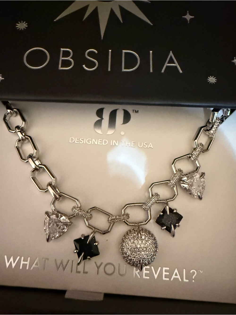 Rhodium Charm Necklace with Crystal & Black Stone Accents